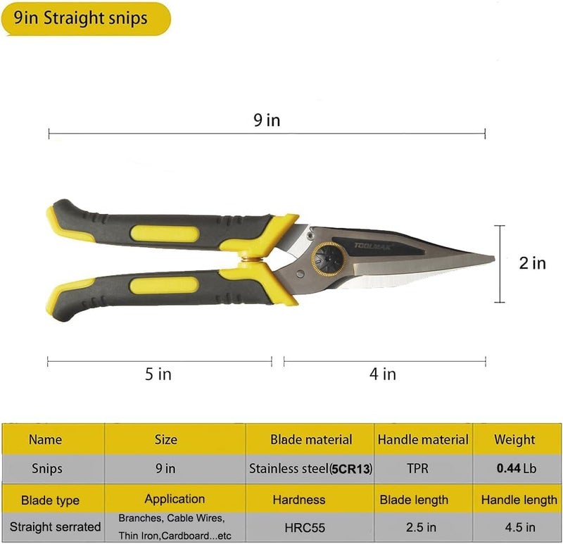 TOOLMAK 9 Inch Aviation Tin Snips Heavy Duty Shears Straight Metal Cutter with Comfort Grip and Stainless Steel Blades Multifunction Cutting of Cable Wires,Thin Iron,Cardboard etc - Image 3